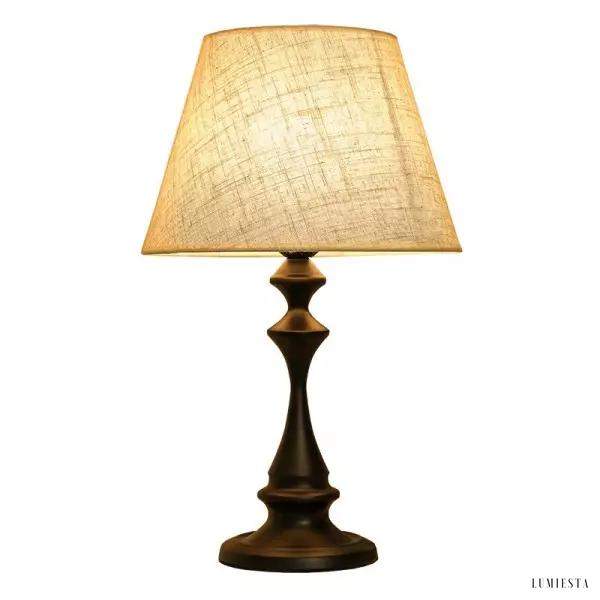 Lampa stołowa lniana abażur biały na podstawie czarnej z detalami — elegancka oświetleniowa