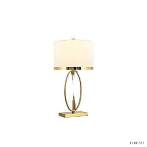 Metalowa lampa stołowa z białym abażurem, nowoczesna forma z cienką podstawą