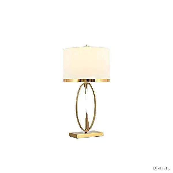 Metalowa lampa stołowa z białym abażurem, nowoczesna forma z cienką podstawą