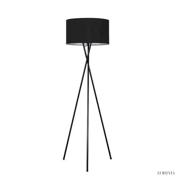 Czarna lampa stojąca LED na trójnogu do salonu, widok od frontu z prostym kloszem