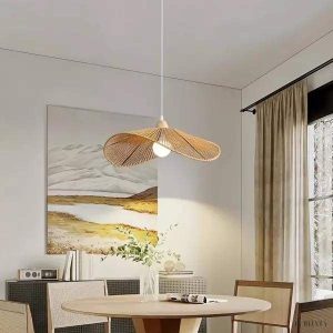 Rattanowa lampa wisząca Retro Zen w kształcie kapelusza