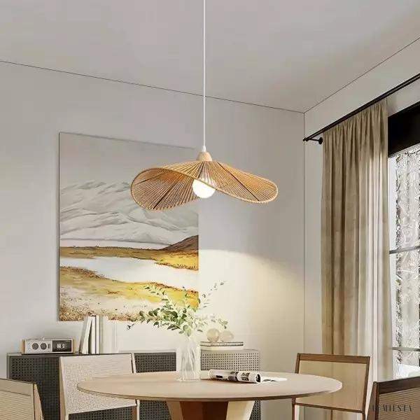 Rattanowa lampa wisząca Retro Zen w kształcie kapelusza