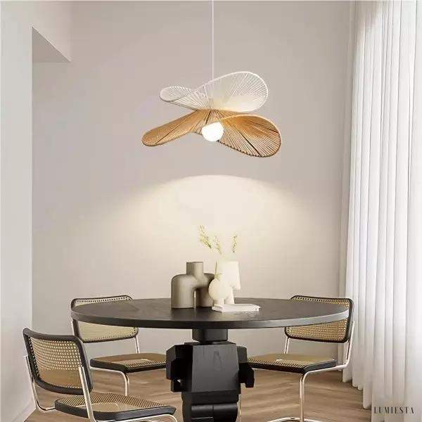 Rattanowa lampa wisząca Retro Zen w kształcie kapelusza