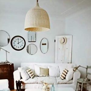 Lampa wisząca rattanowa dzwon naturalna - całość lampy w prostym, frontalnym ujęciu