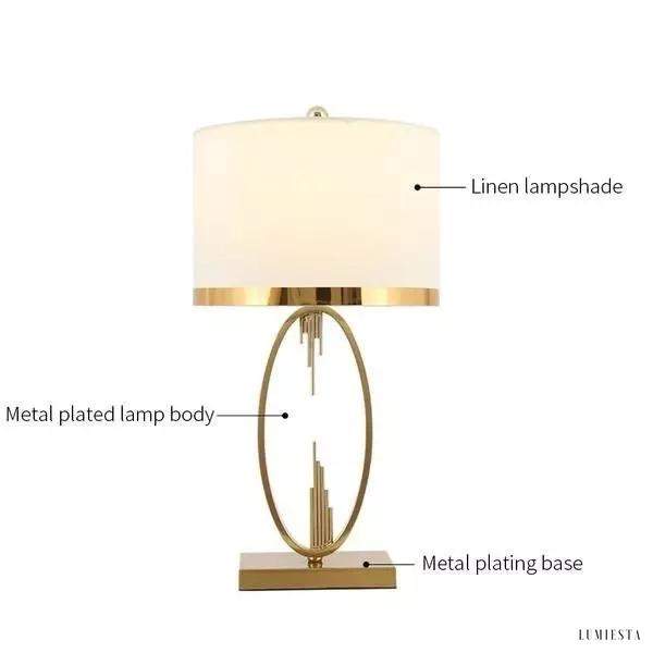 Metalowa lampa stołowa z białym abażurem, prosta sylwetka na blacie
