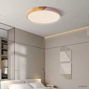 Nowoczesna okrągła lampa sufitowa LED z drewnianym akcentem