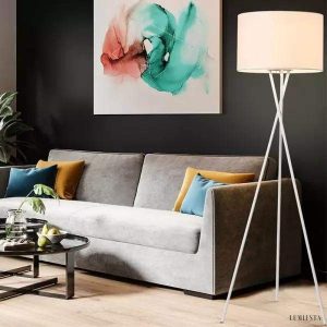 Czarna lampa stojąca LED na trójnogu do salonu, detal trójnogu i matowe wykończenie