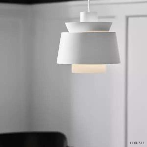 Biała metalowa lampa wisząca retro Uti z szerokim kloszem i złotym wnętrzem