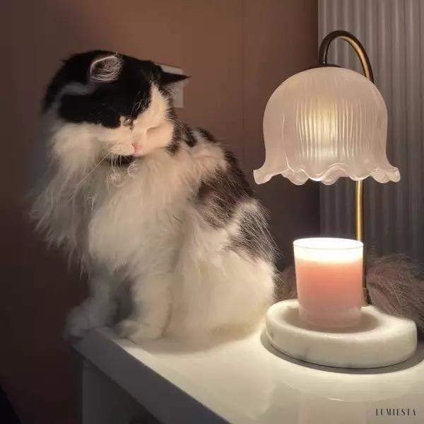 Lampa stołowa marmurowa z kloszem szklanym - zbliżenie na klosz i metalowe mocowanie