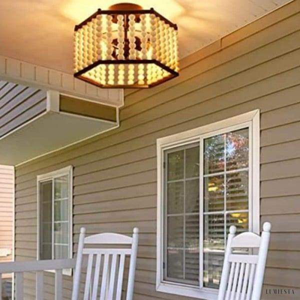 Lampa sufitowa hexagonalna z drewnianymi koralikami rustic