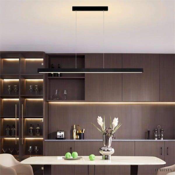 Podłużna lampa wisząca LED metalowa czarna, długi profil na smukłych linkach