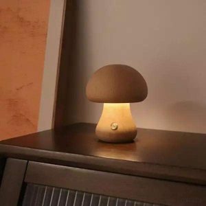 Lampa stołowa grzyb z drewna z funkcją ładowania