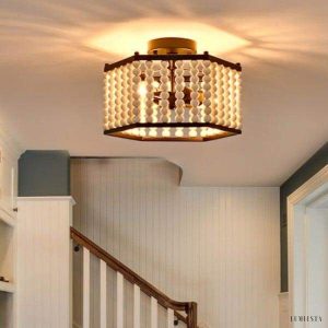 Lampa sufitowa hexagonalna z drewnianymi koralikami rustic