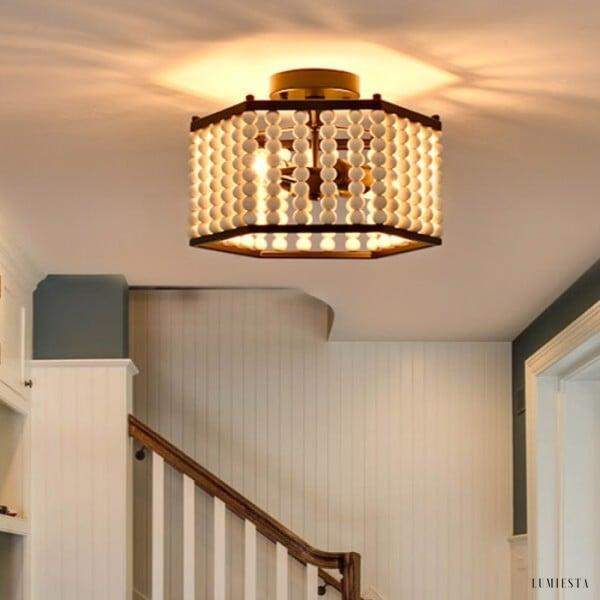 Lampa sufitowa hexagonalna z drewnianymi koralikami rustic
