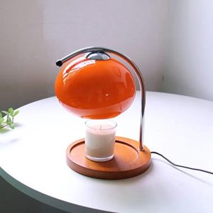 Spherical table lamp with wooden base