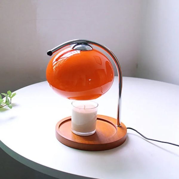 Spherical table lamp with wooden base