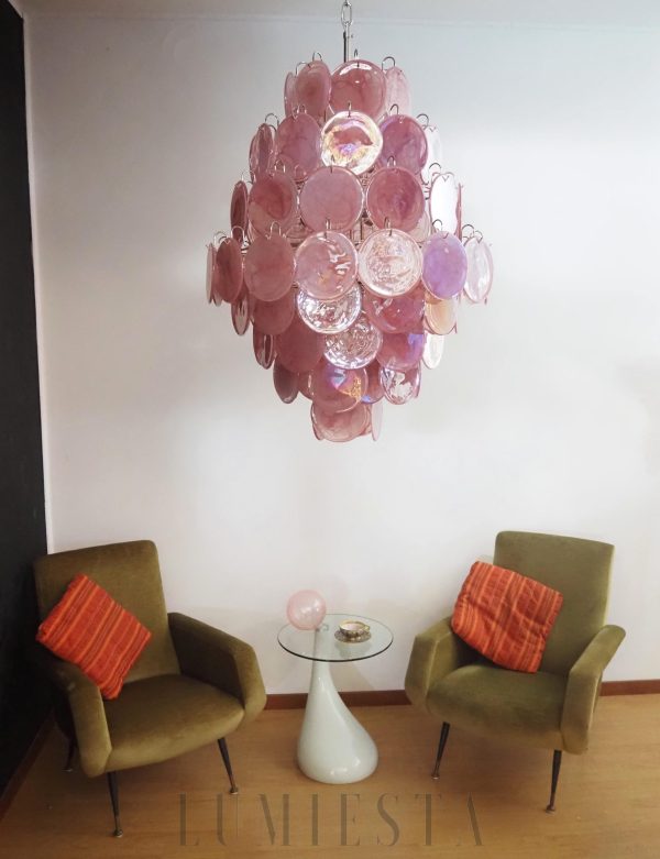 Lampa wisząca Vintage Murano Różowy Dysk 75cm - ujęcie od dołu z warstwą różowego szkła