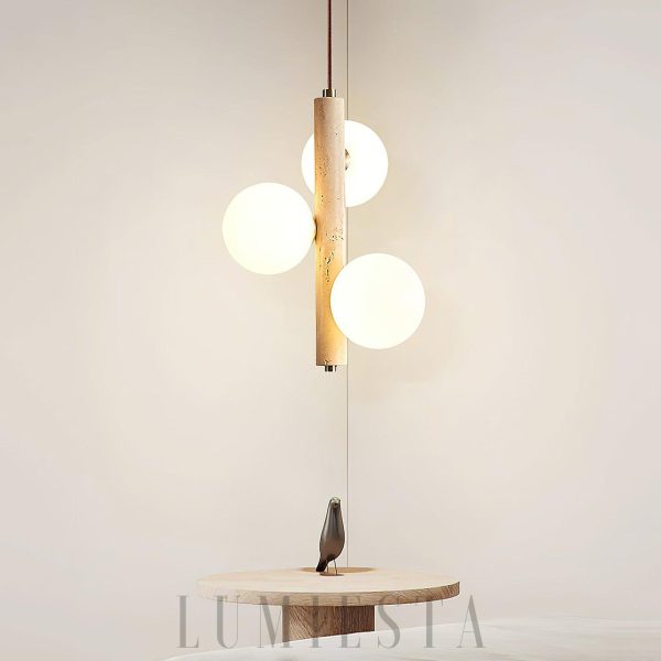 Lampa wisząca trawertynowa z kulistymi kloszami 25 cm, detal materiałów