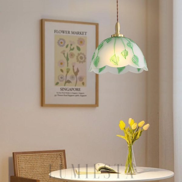 Retro lampa wisząca z liśćmi ze szkła Ø28cm zielono-biała