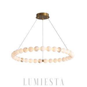 Lupria - okrągła lampa wisząca z alabastru, białe kule, złota rama, Ø 50/60/80/100cm, wielopoziomowa