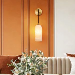 Petra - Nowoczesny kinkiet z alabastru biały - Klosz Ø 10cm x 26cm, złoto-biały do salonu