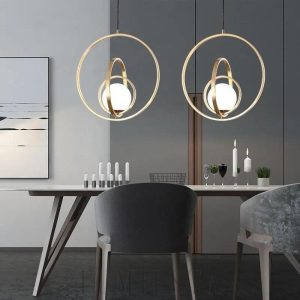 Złota lampa wisząca okrągła - nowoczesna złota lampa wisząca okrągła z dekoracyjnym pierścieniem