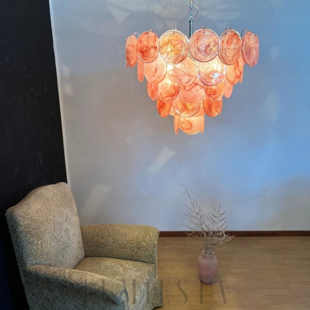 Murano lampa wisząca w różowym kolorze, szklana dyskowa forma z metalowym wykończeniem
