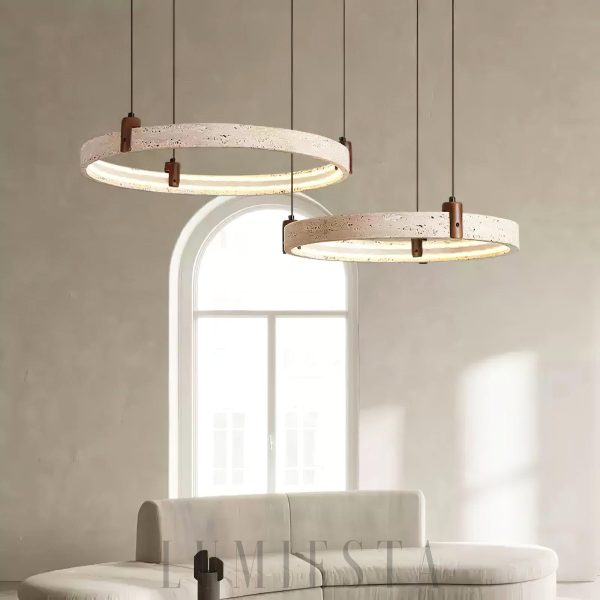 Luksusowy okrągły pierścieniowy żyrandol z naturalnego trawertynu i drewna, 2/3 okręgi