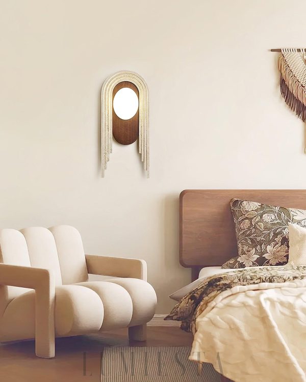 Vima - Beżowa lampa ścienna, trawertyn i drewno, stylowy kinkiet 18x40cm