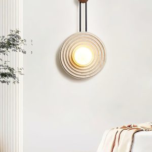 Marrakech - Okrągła lampa ścienna - trawertyn i drewno, Ø 33 cm, jasny/ciemny orzech, kinkiet do salonu