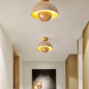 Półkulista odwrócona lampa sufitowa 23 cm, beżowy trawertyn i orzechowe wykończenie