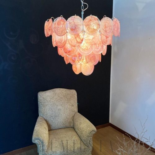 Różowa lampa wisząca dyskowa Murano 70 cm, szklany klosz z metalowym mocowaniem