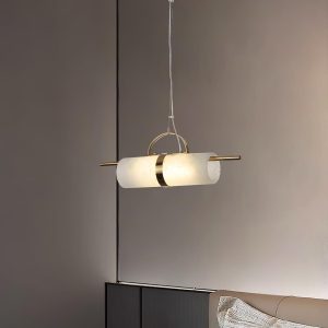 Mini lampa wisząca cylindryczna z alabastru, mosiądz