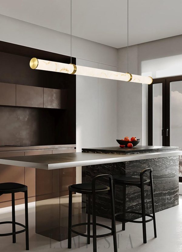 Lampa wisząca podłużna z alabastru, nowoczesna, biało złota 100/120/150 cm - Żyrandol nad stół