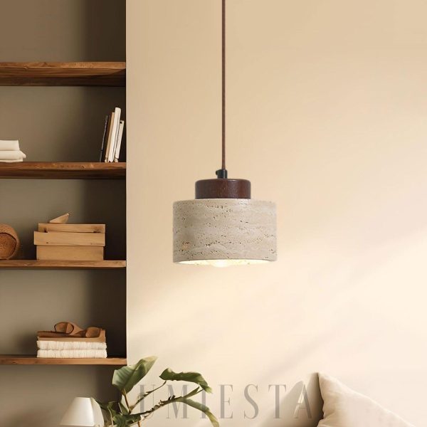 Lampa wisząca vintage cylindryczna z trawertynu beżowa