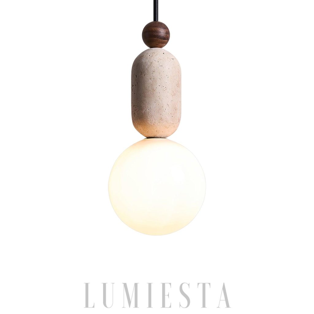 Lampa wisząca trawertynowa kulista beżowa - zbliżenie na lampa wisząca trawertynowa kulista beżowa z drewna, kamienia i szkła