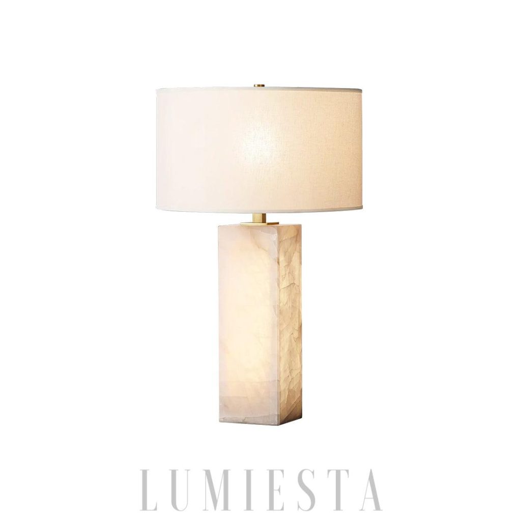 Lampa stołowa alabaster minimalistyczna Rivage — podstawa z naturalnego kamienia, abażur beżowy