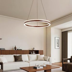 Solaro - Okrągły żyrandol z trawertynu lampa wisząca beżowy okrągła z drewnem nad stół