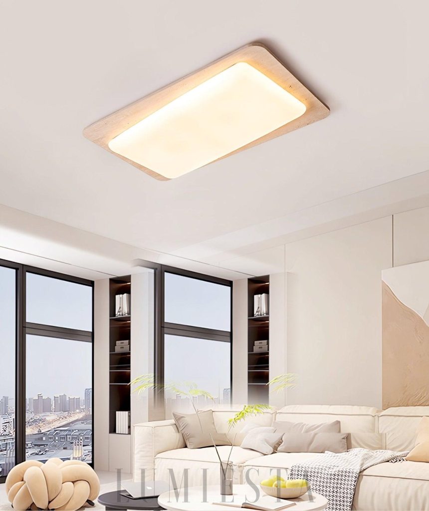 Lampa sufitowa z trawertynu 93x54 cm - detal kamiennej powierzchni