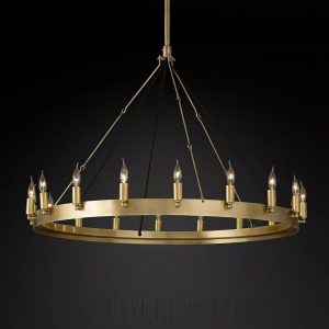 Żyrandol Camino Vintage 98 cm, okrągła konstrukcja z mosiądzu i czarnego metalu