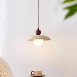 Lampa wisząca trawertyn z drewnianą kulą 25x20cm beż orzech