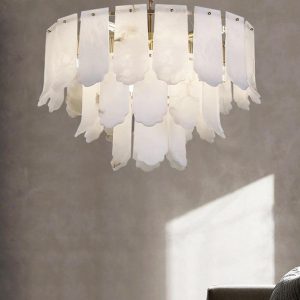 Elba - Stylowa lampa wisząca Alabaster, mosiądz i biały