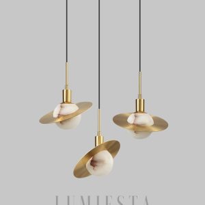 Luksusowa okrągła lampa wisząca z alabastru w złotym stylu