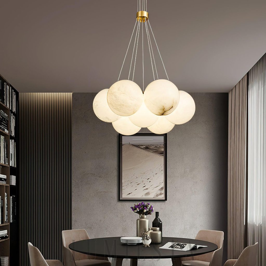 Lampa wisząca alabastrowa kule Lunaris, lampa wisząca alabastrowa kule z mosiężnymi detalami