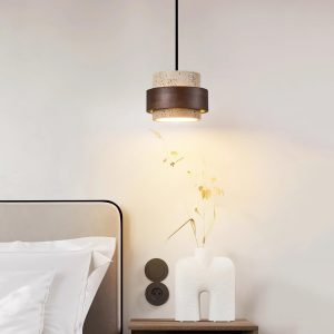 Stonova - Lampa wisząca cylinder z naturalnego trawertynu i drewna, 4 wielkości, skandynawska