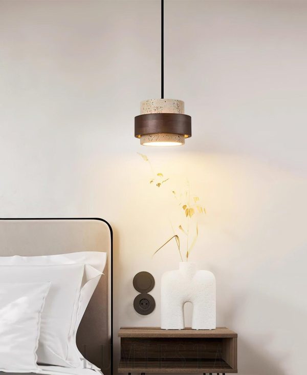 Stonova - Lampa wisząca cylinder z naturalnego trawertynu i drewna, 4 wielkości, skandynawska