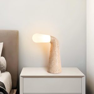 Designerska stożkowa lampa z trawertynu beżowa 25cm wys 34cm