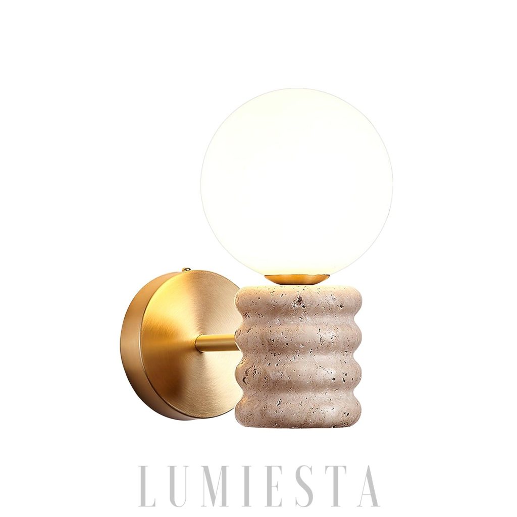 Kinkiet z trawertynu beżowy Romus Travertine, minimalistyczna lampa ścienna z prostym kinkietem
