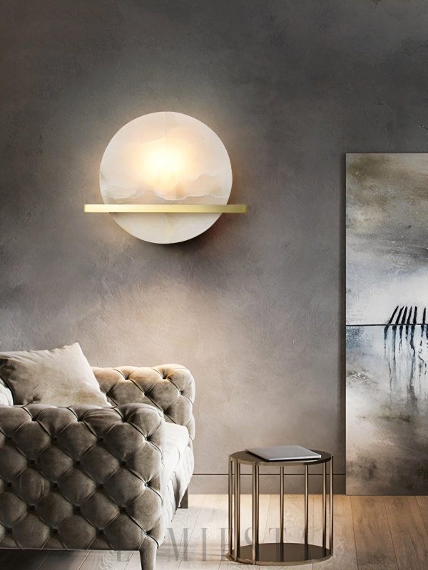 Savion - Lampa Ścienna Okrągła z Alabastru Mosiężna 20cm