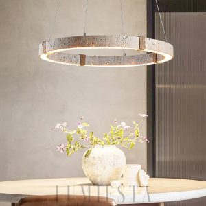 Dainolite - Okrągły żyrandol z trawertynu i drewna beżowy Ø40/50/60cm, do salonu, nad stół